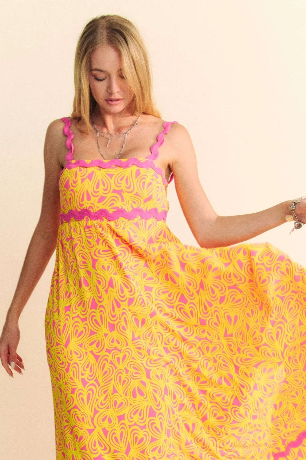 Davi & Dani Geo 2 Tone Printed Wavi Trim Tiered Maxi Dress - LoveNest Treasures