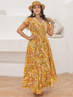Plus Size Printed V-Neck Flutter Sleeve Tie Waist Maxi Dress - LoveNest Treasures
