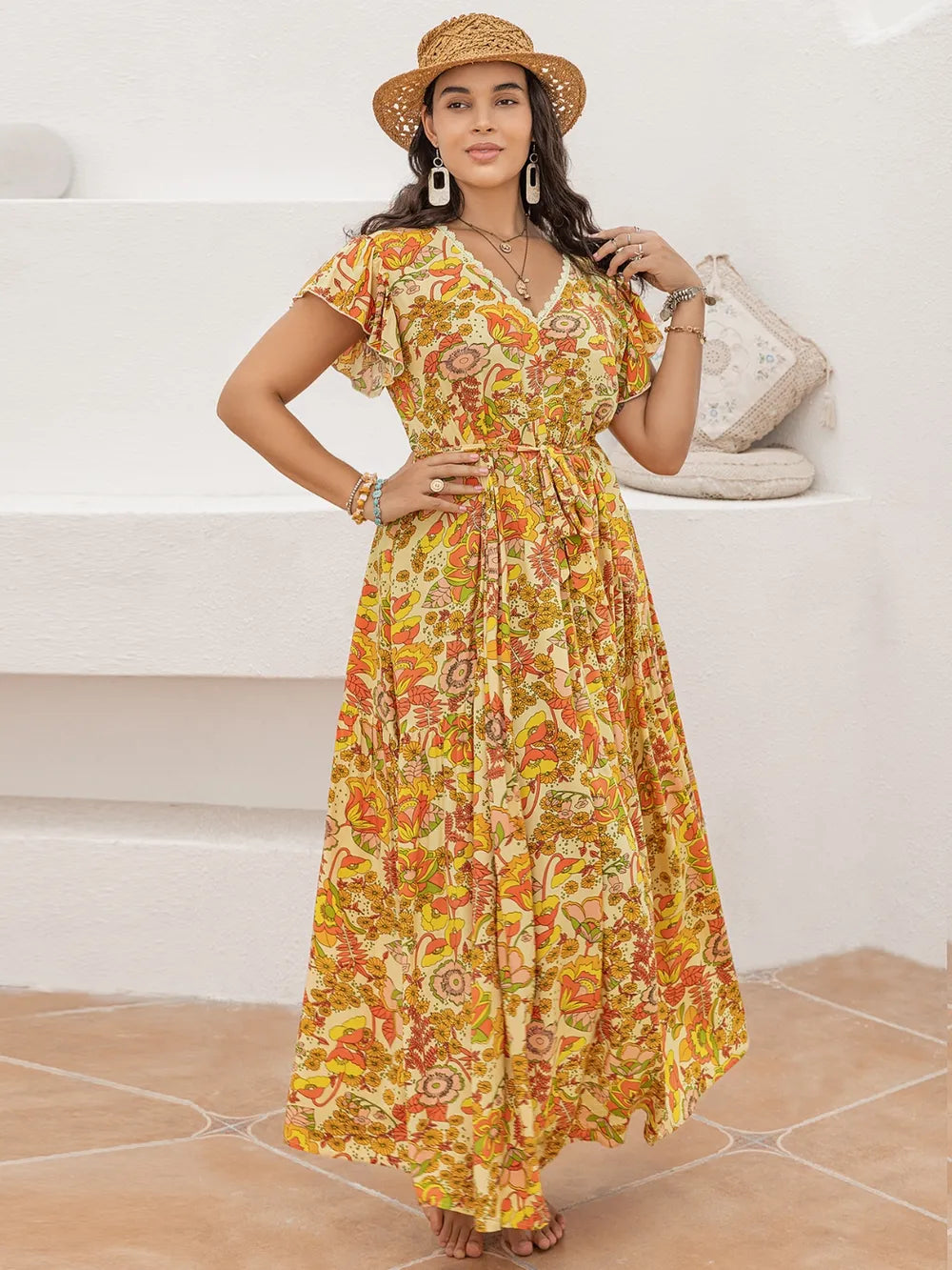 Plus Size Printed V-Neck Flutter Sleeve Tie Waist Maxi Dress - LoveNest Treasures