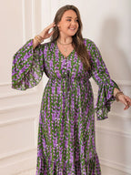 Plus Size Printed V-Neck Long Sleeve Maxi Dress - LoveNest Treasures