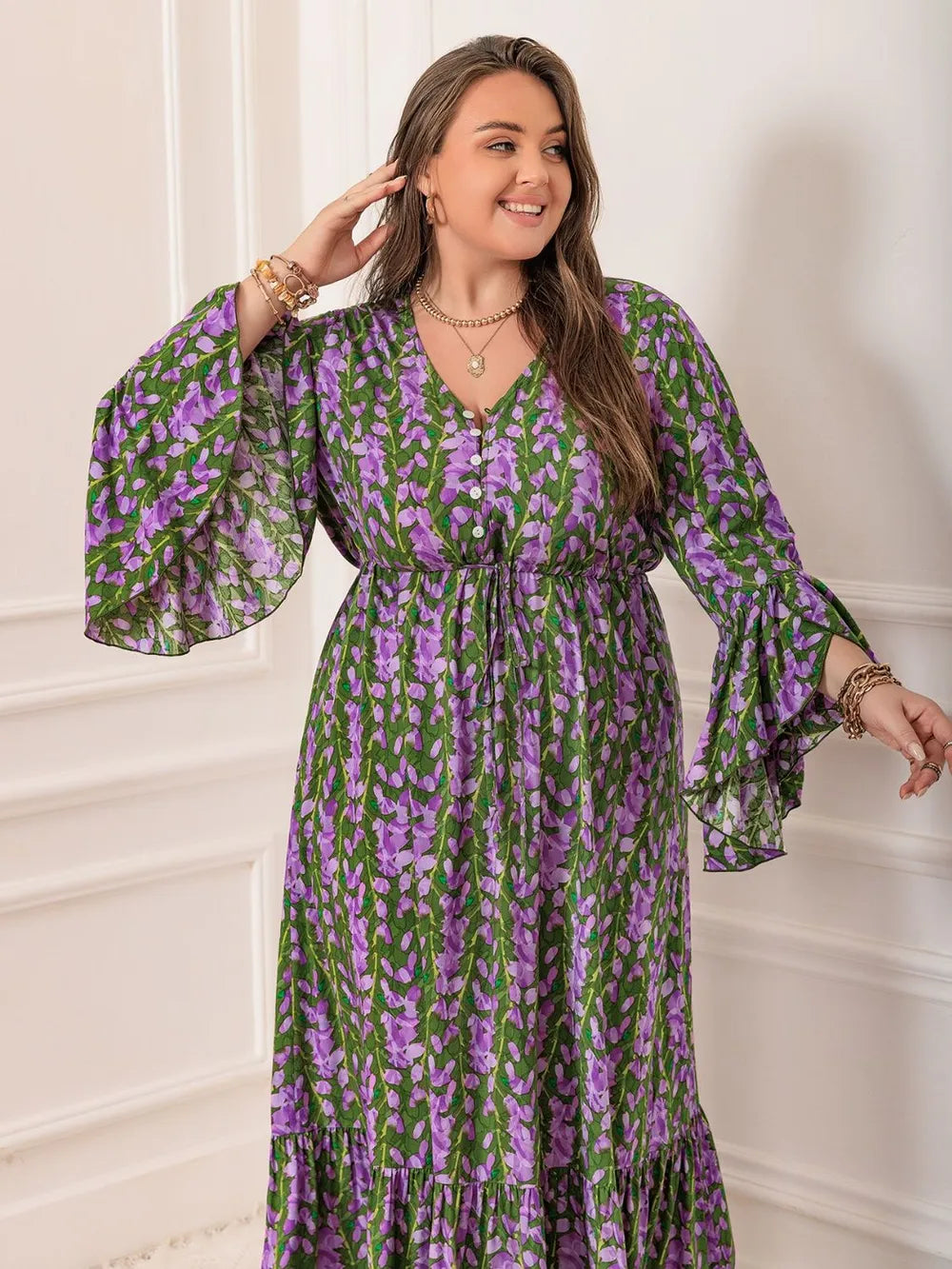 Plus Size Printed V-Neck Long Sleeve Maxi Dress - LoveNest Treasures