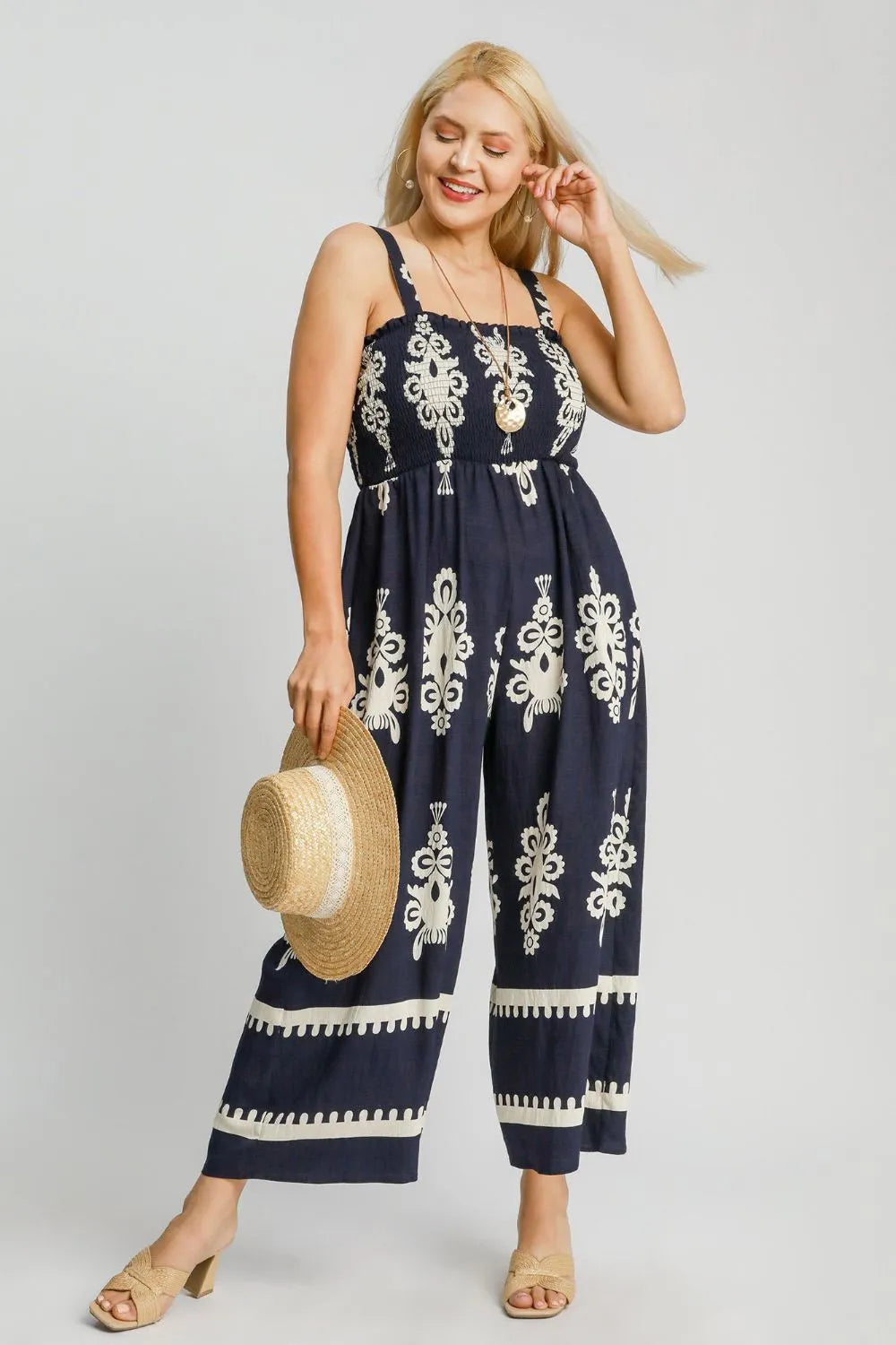 Umgee Full Size Smocked Printed Wide Leg Jumpsuit Plus Size - LoveNest Treasures