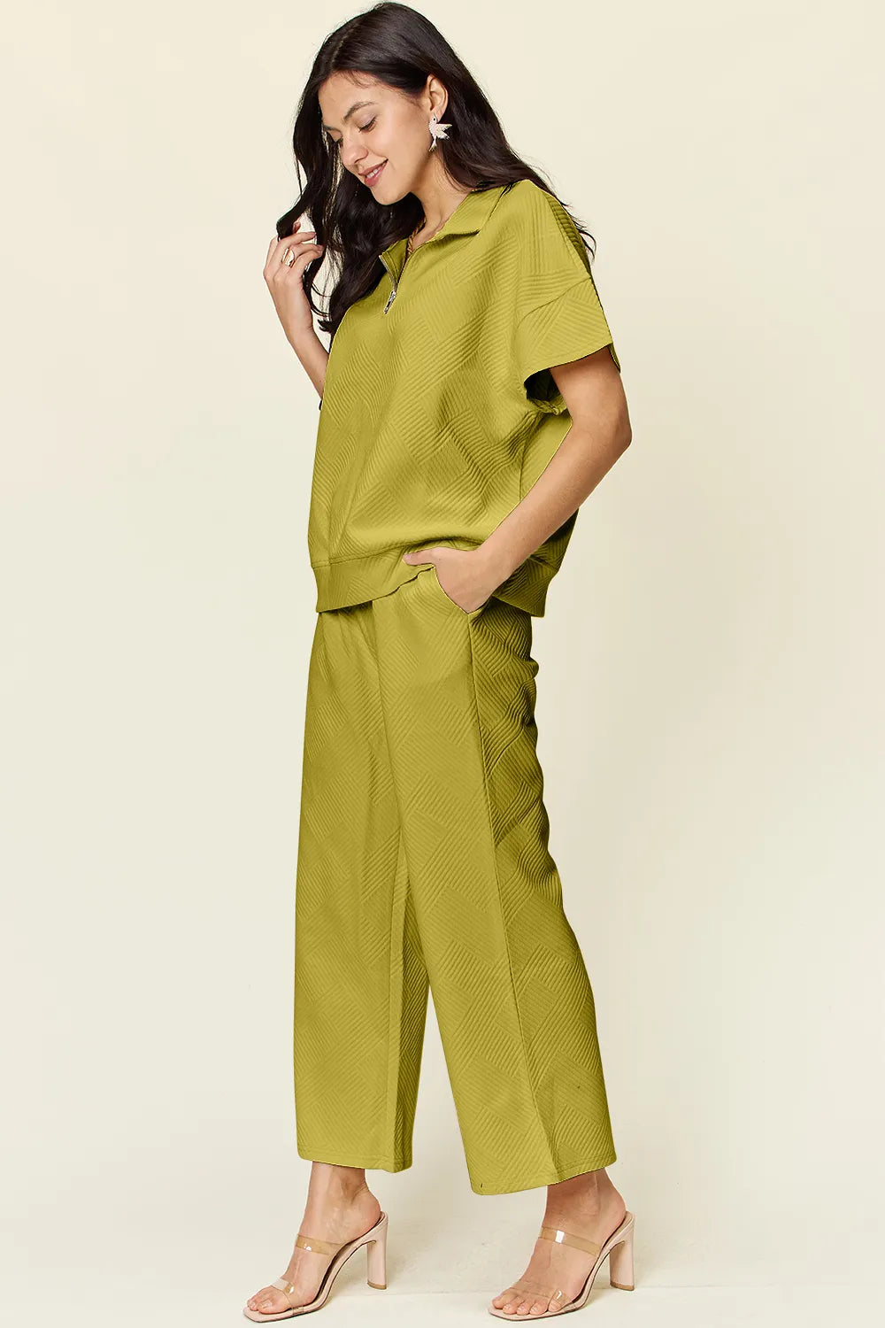 Double Take Full Size Texture Half Zip Short Sleeve Top and Pants Set - LoveNest Treasures