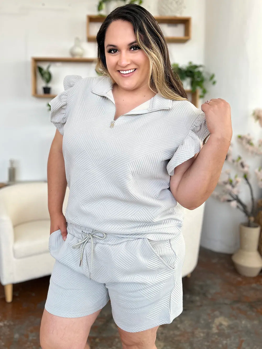 Double Take Full Size Texture Flounce Sleeve Top and Drawstring Shorts Set - LoveNest Treasures