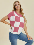 Double Take Full Size Checkered Round Neck Short Sleeve Sweater - LoveNest Treasures