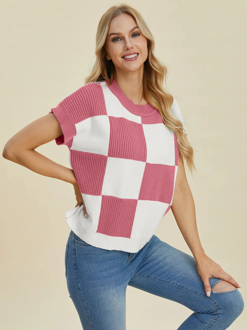 Double Take Full Size Checkered Round Neck Short Sleeve Sweater - LoveNest Treasures