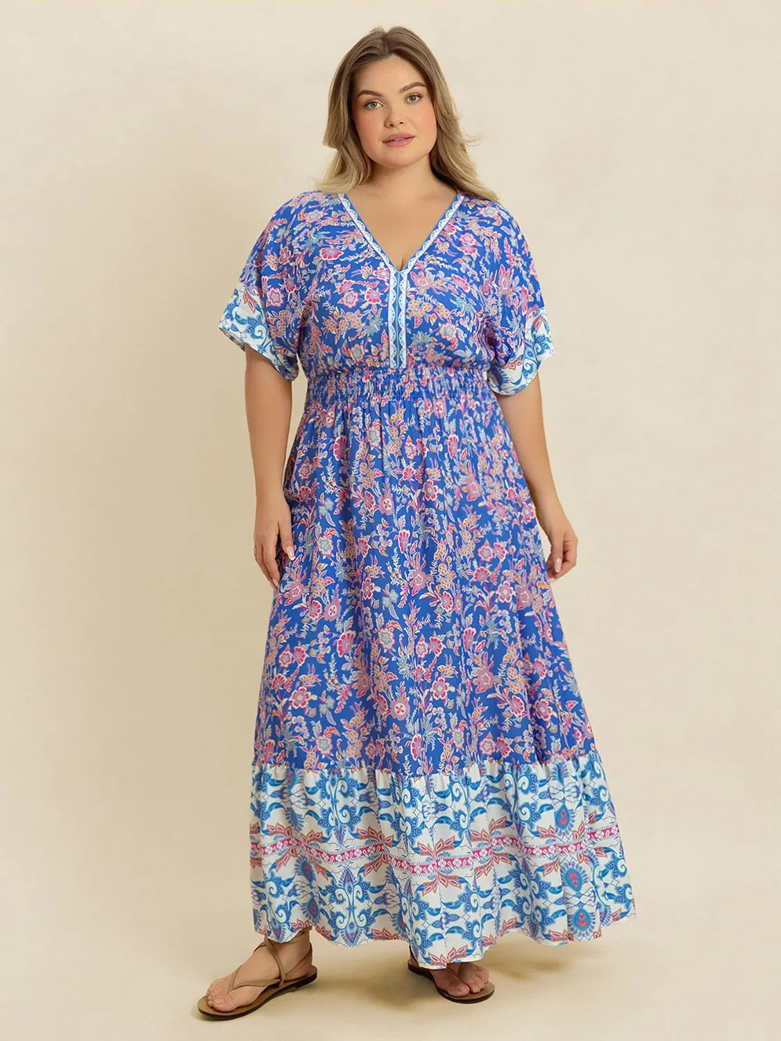 Plus Size Smocked Printed Half Sleeve Midi Dress - LoveNest Treasures
