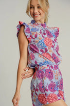 Umgee Full Size Floral Print Ruffled Cap Sleeve Blouse Plus Size - LoveNest Treasures