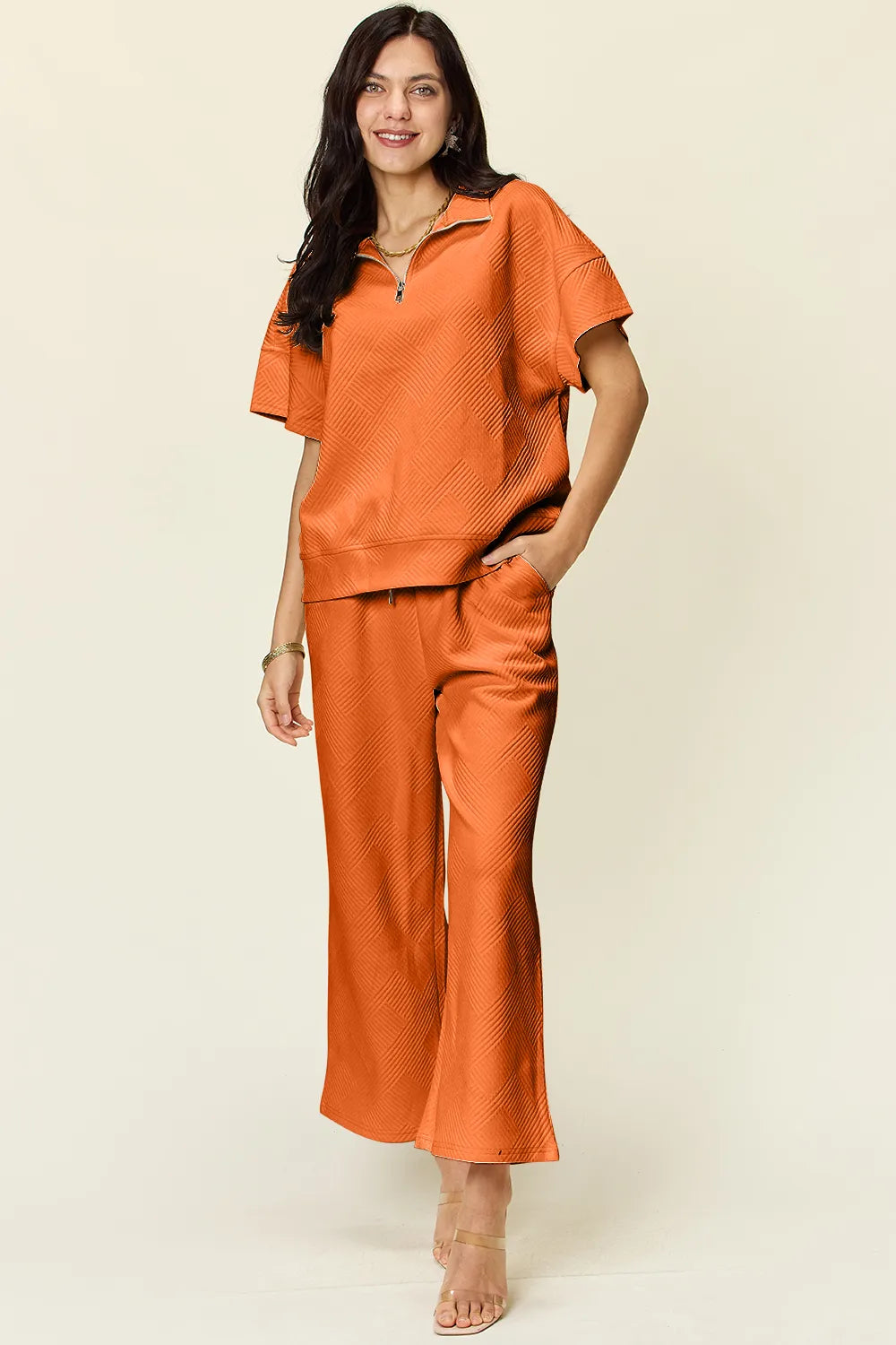 Double Take Full Size Texture Half Zip Short Sleeve Top and Pants Set - LoveNest Treasures