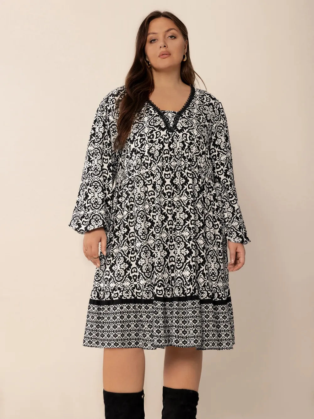 Plus Size Lace Detail Printed Balloon Sleeve Dress - LoveNest Treasures