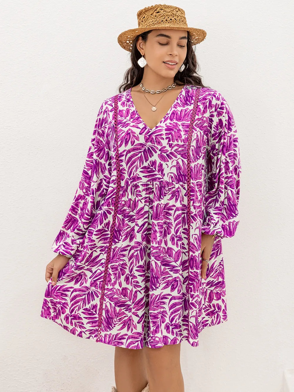 Plus Size Printed V-Neck Balloon Sleeve Mini Dress - LoveNest Treasures