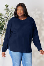 Basic Bae Full Size Ribbed Round Neck Slit Knit Top - LoveNest Treasures