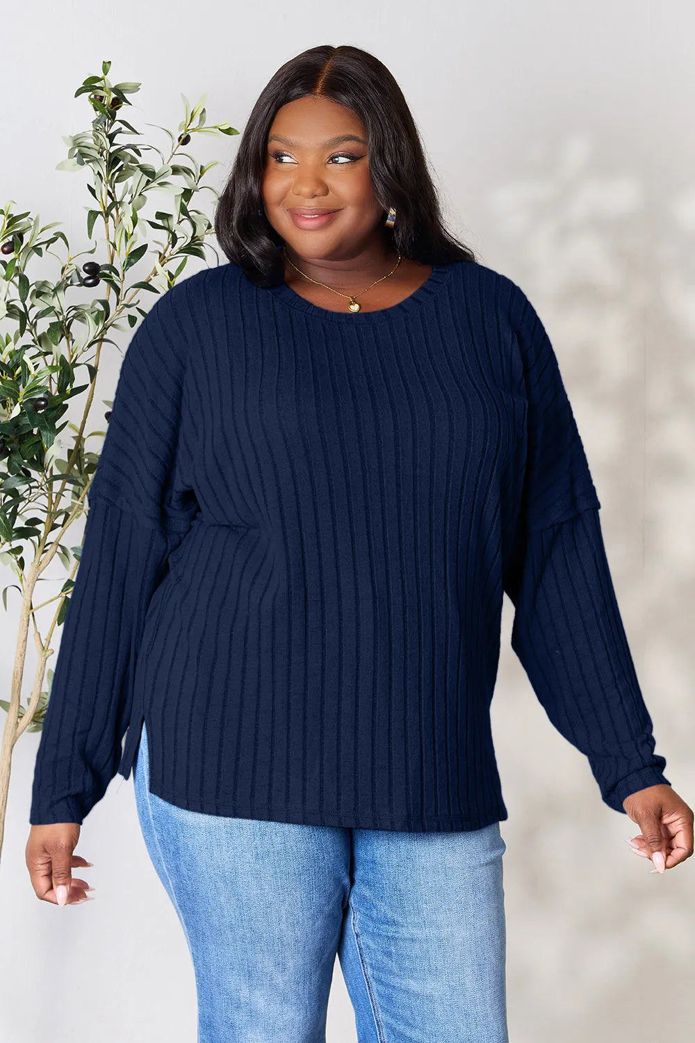 Basic Bae Full Size Ribbed Round Neck Slit Knit Top - LoveNest Treasures