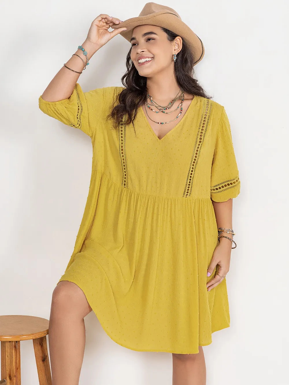 Plus Size Eyelet Swiss Dot Half Sleeve Mini Dress - LoveNest Treasures