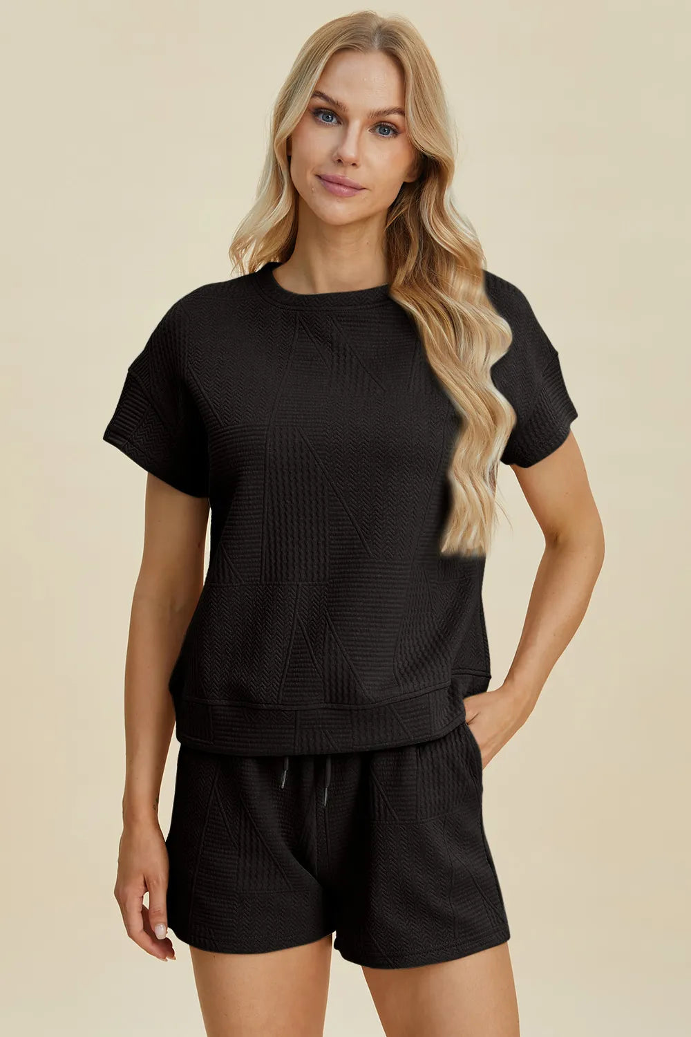 Double Take Full Size Texture Short Sleeve Top and Shorts Set - LoveNest Treasures