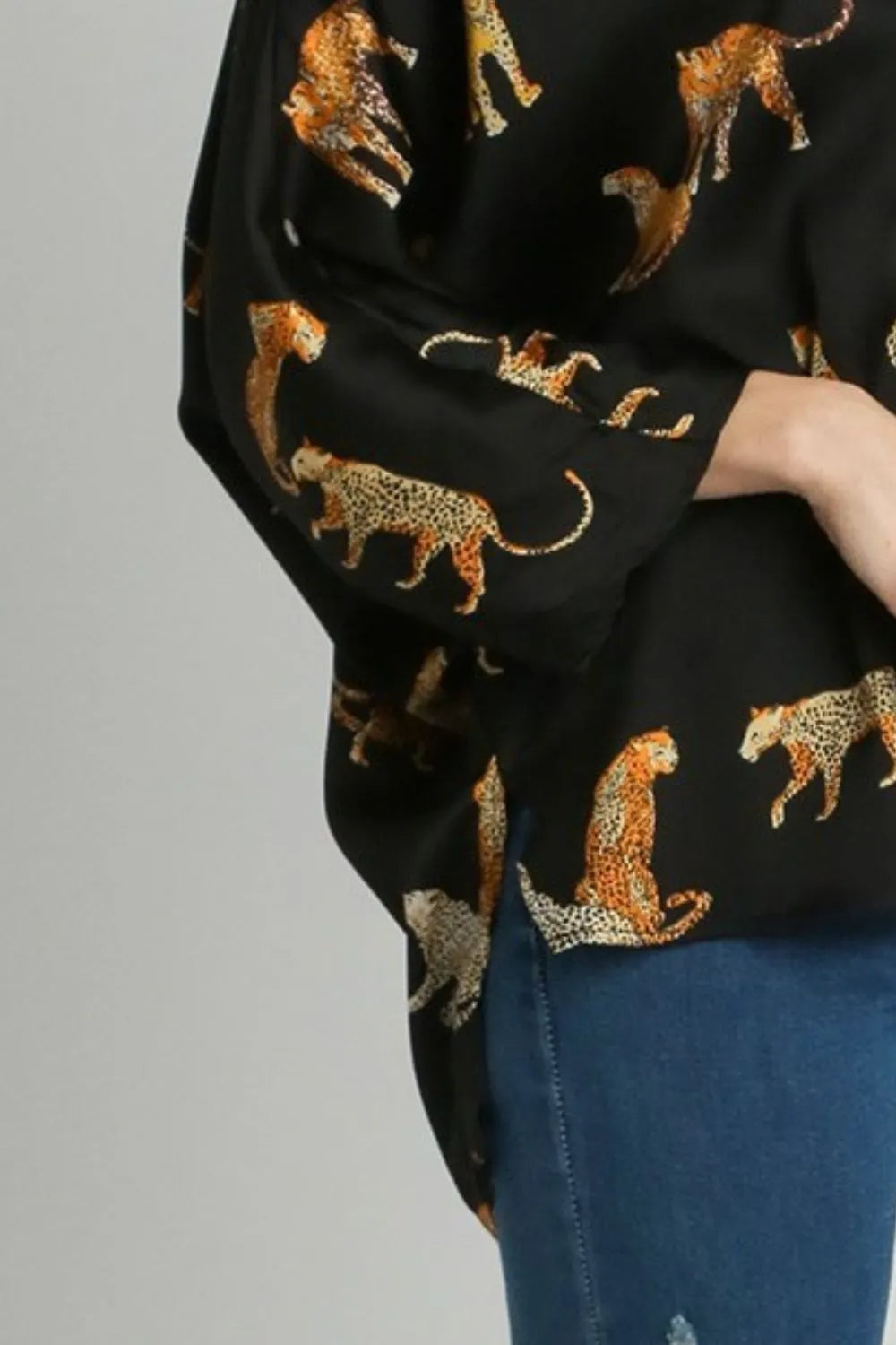 Umgee Full Size High-Low Satin Animal Print V-Neck Blouse Plus Size - LoveNest Treasures