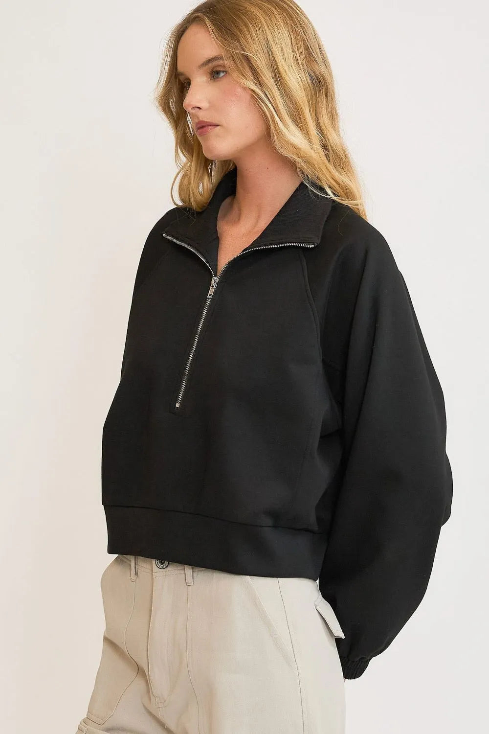 Umgee Full Size Half Zip Cropped Sweatshirt Plus Size - LoveNest Treasures