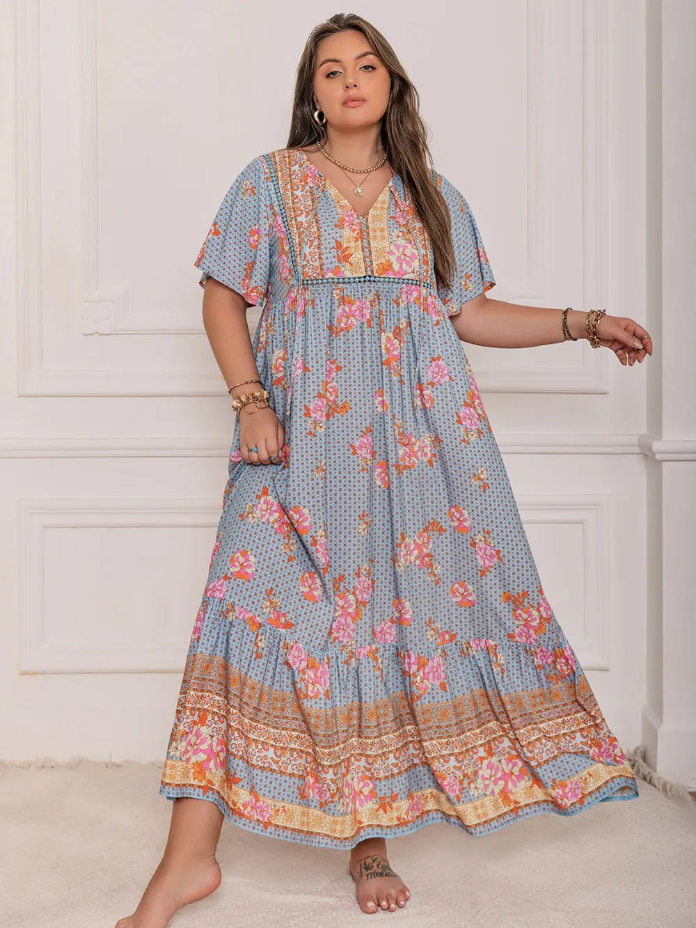 Plus Size Printed Tie Neck Flutter Sleeve Maxi Dress - LoveNest Treasures