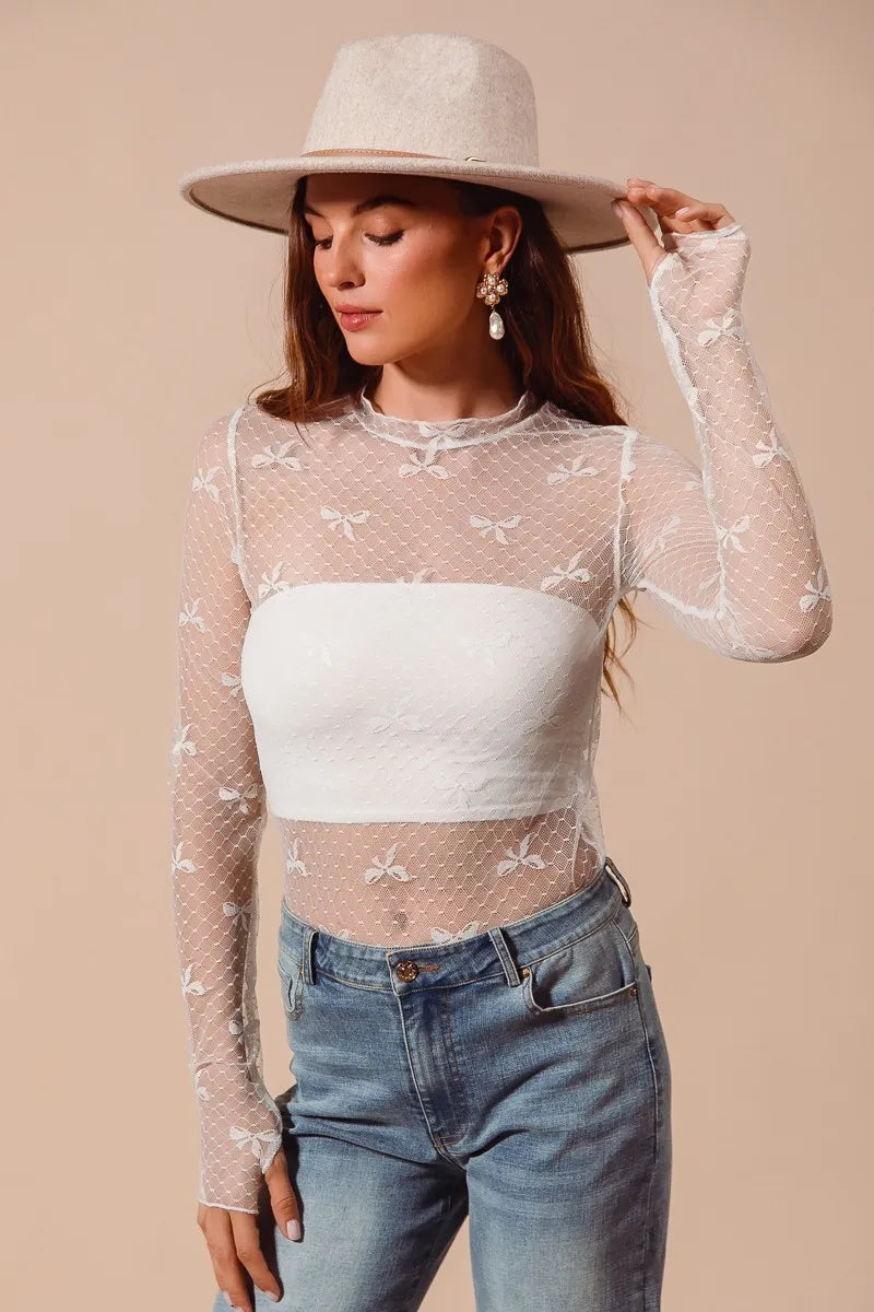SO ME Bow Ribbon Pattern Sheer Lace Top - LoveNest Treasures