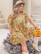 Plus Size Printed Tie Neck Short Sleeve Mini Dress - LoveNest Treasures