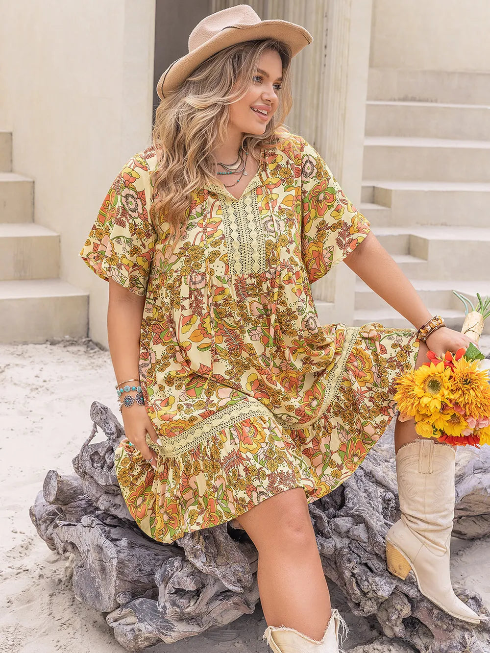 Plus Size Printed Tie Neck Short Sleeve Mini Dress - LoveNest Treasures