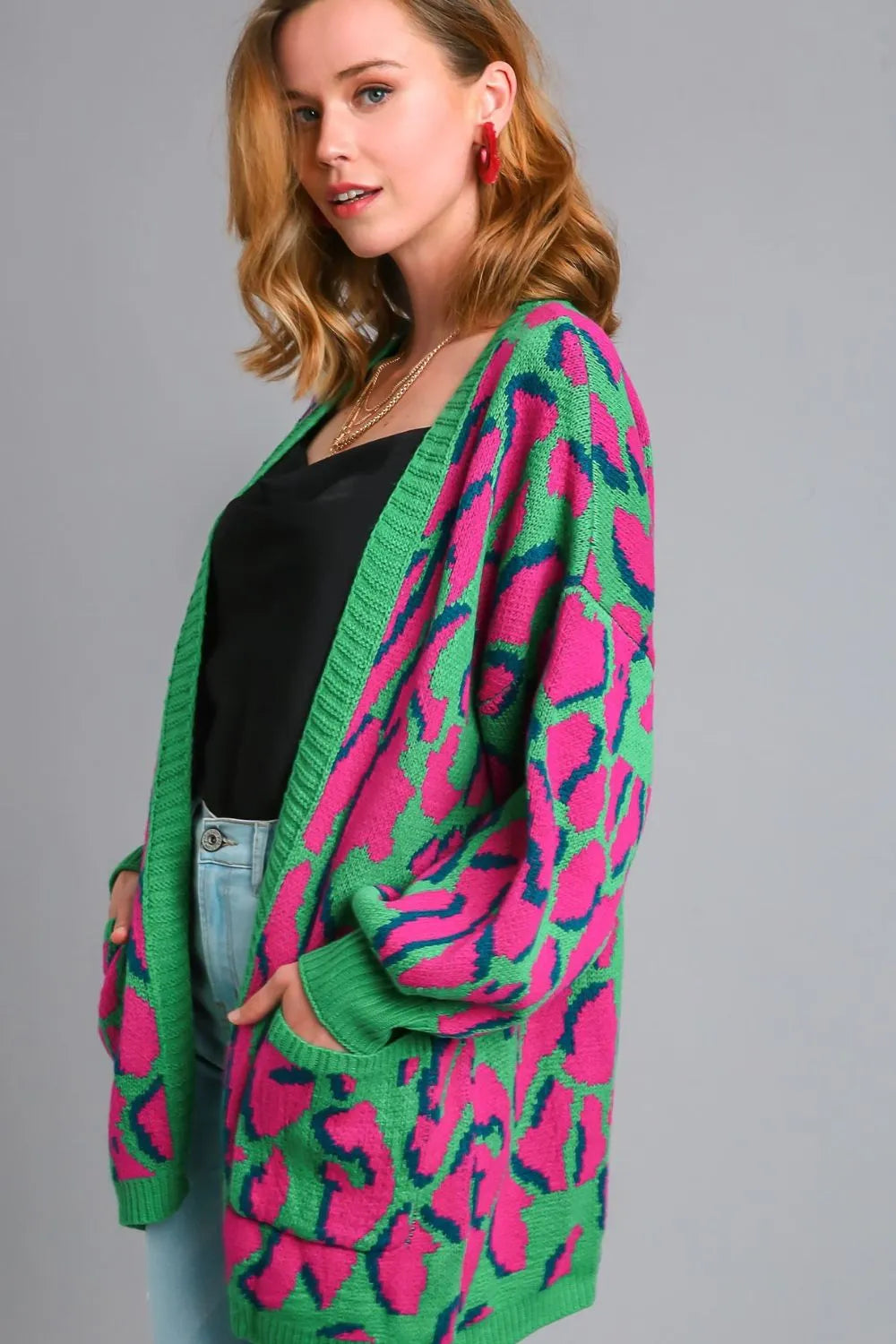 Umgee Full Size Animal Print Open Front Cardigan with Side Pockets Plus Size - LoveNest Treasures