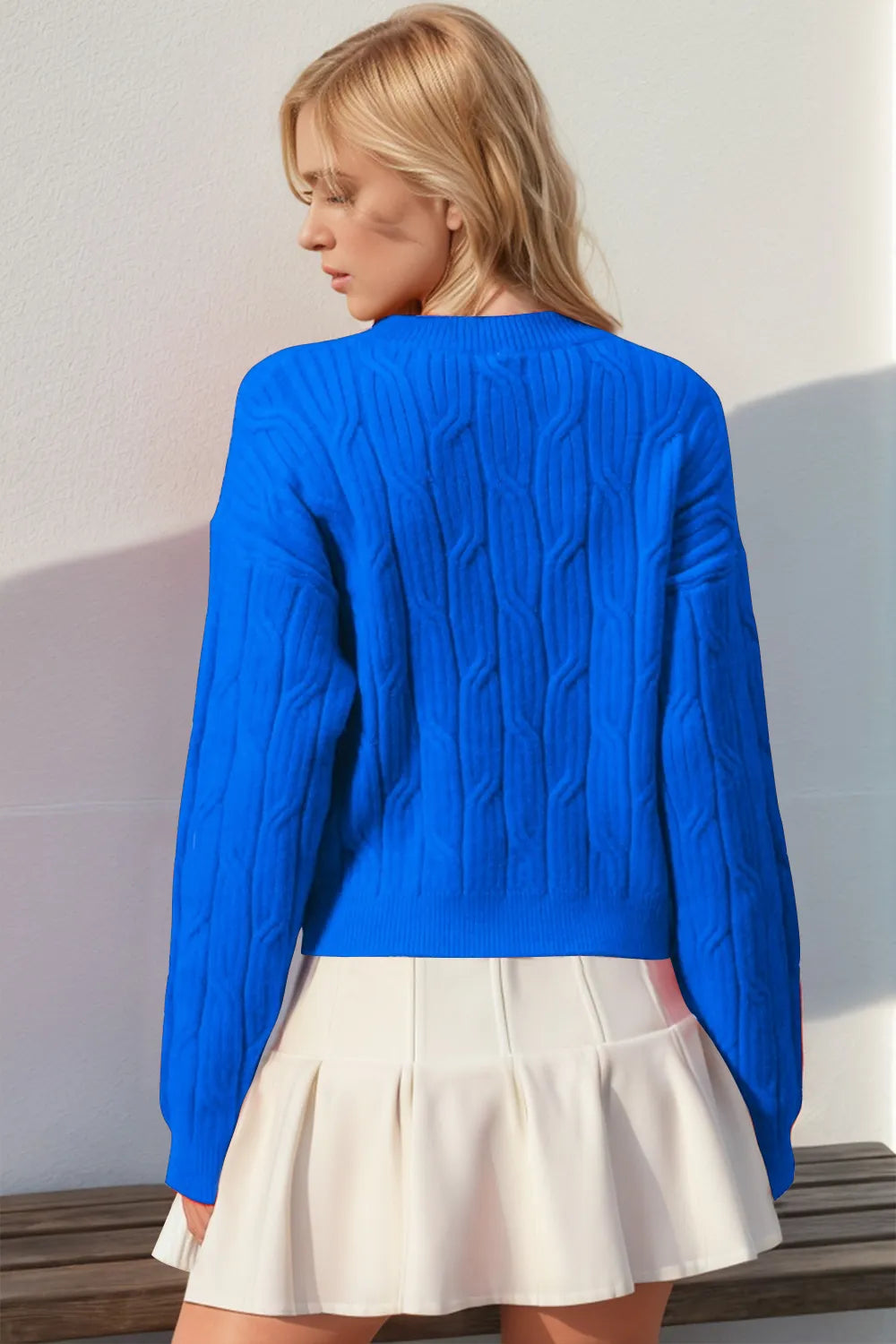 Double Take Full Size Bow Cable-Knit Round Neck Sweater - LoveNest Treasures