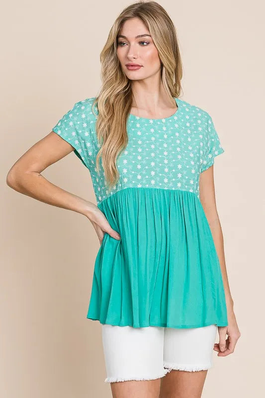 Lime 'N' Chili Full Size Embroidered Short Sleeve Pleated Babydoll Top Plus Size - LoveNest Treasures
