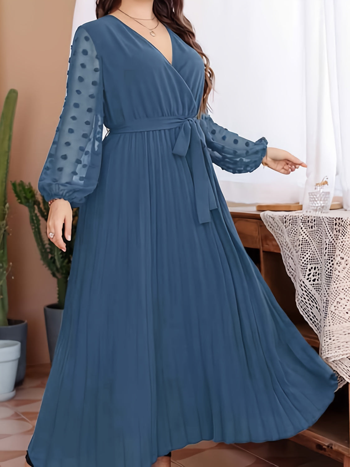 Plus Size Swiss Dot Tie Waist Maxi Dress - LoveNest Treasures
