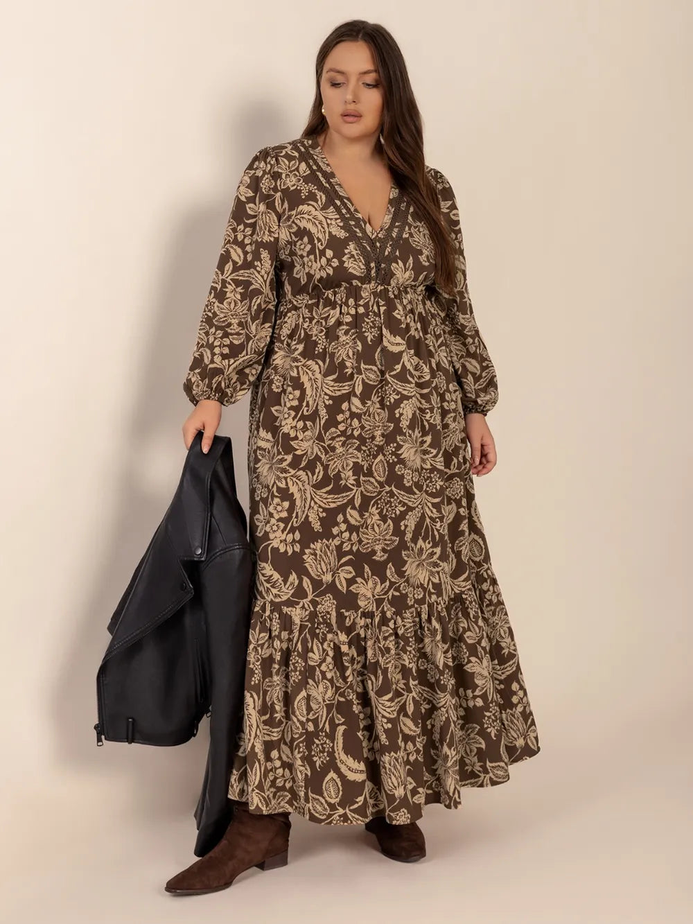 Plus Size Printed V-Neck Balloon Sleeve Maxi Dress - LoveNest Treasures