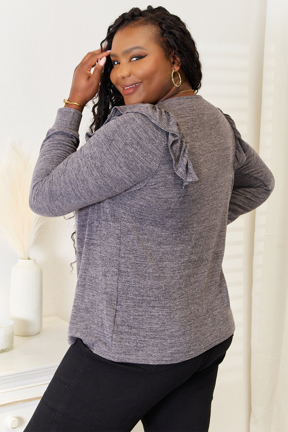 Double Take Square Neck Ruffle Shoulder Long Sleeve T-Shirt - LoveNest Treasures