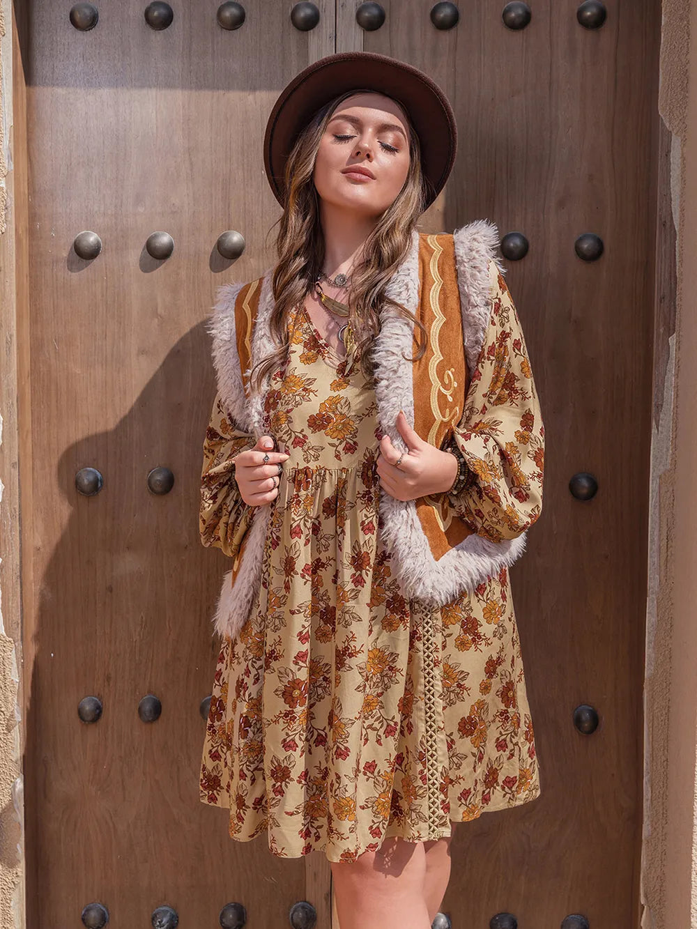 Plus Size Printed V-Neck Balloon Sleeve Mini Dress - LoveNest Treasures