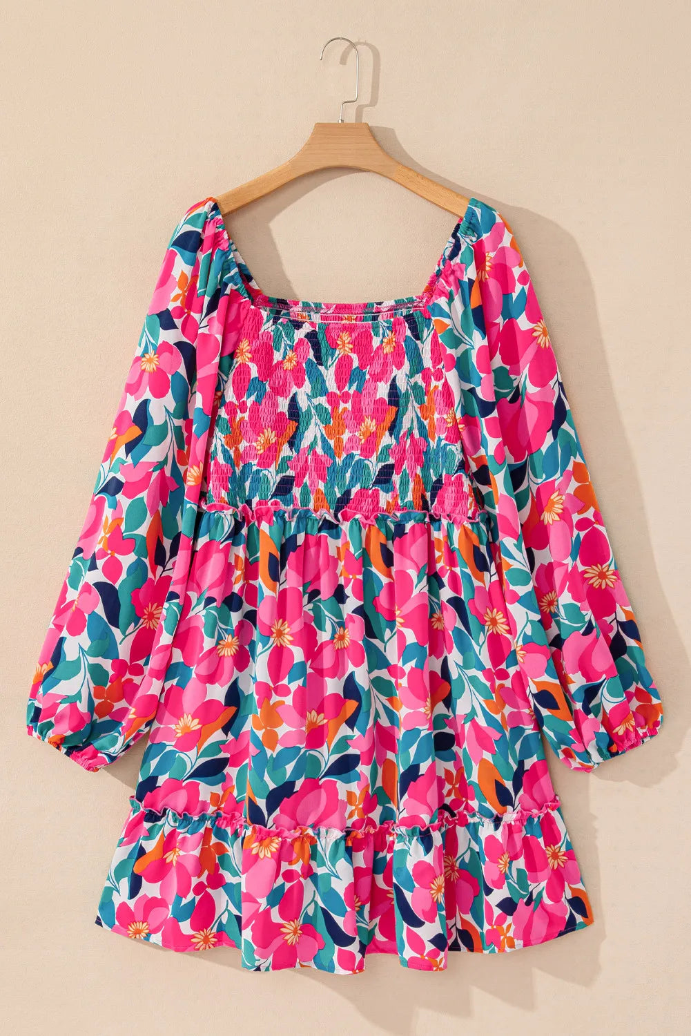 Plus Size Smocked Floral Square Neck Balloon Sleeve Dress - LoveNest Treasures