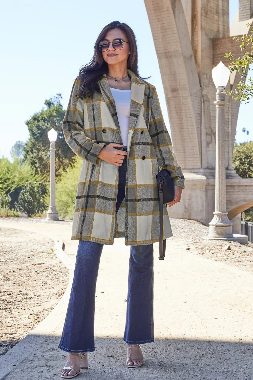 Double Take Full Size Plaid Button Up Lapel Collar Coat - LoveNest Treasures