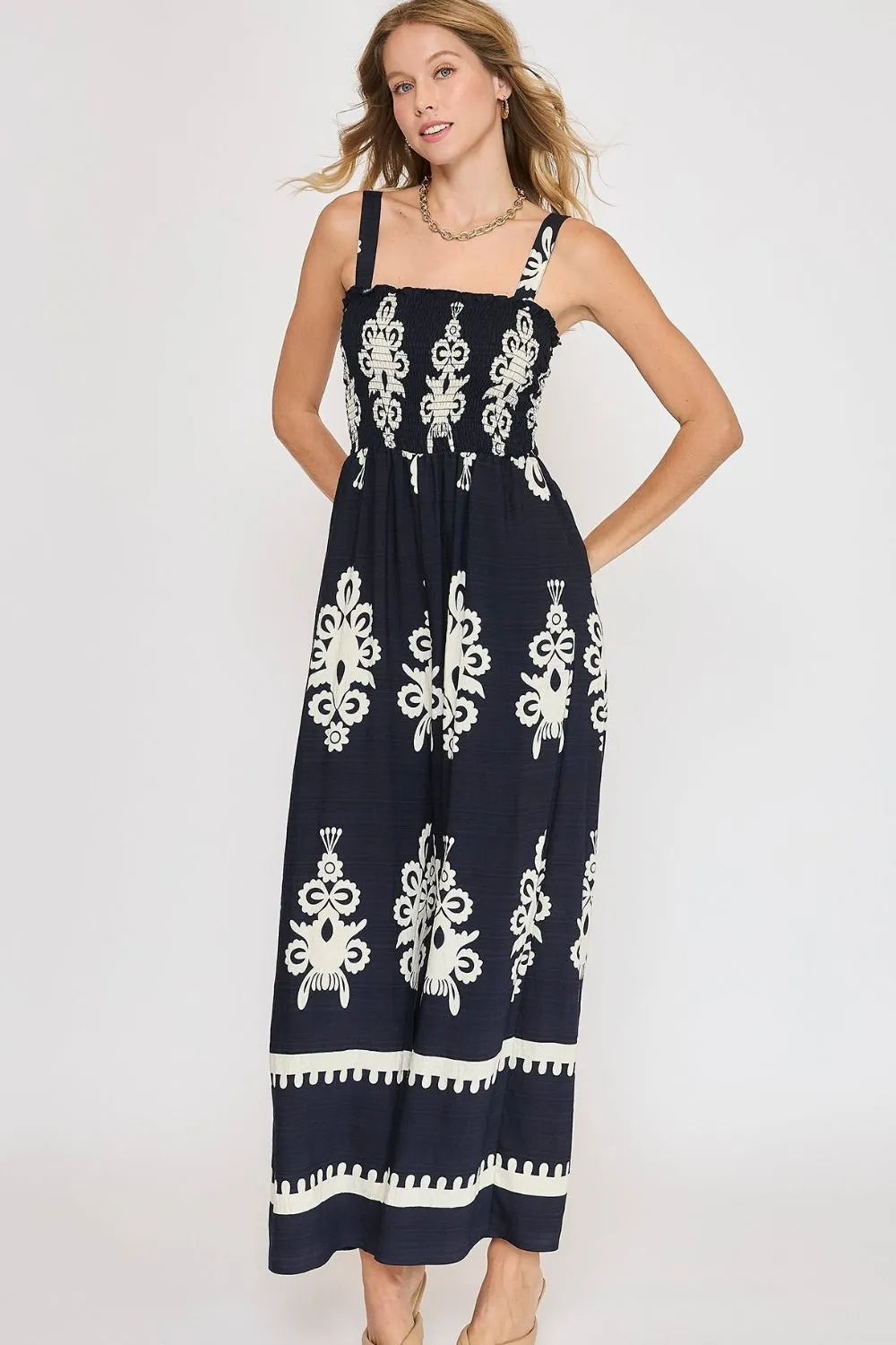 Umgee Full Size Smocked Printed Wide Leg Jumpsuit Plus Size - LoveNest Treasures