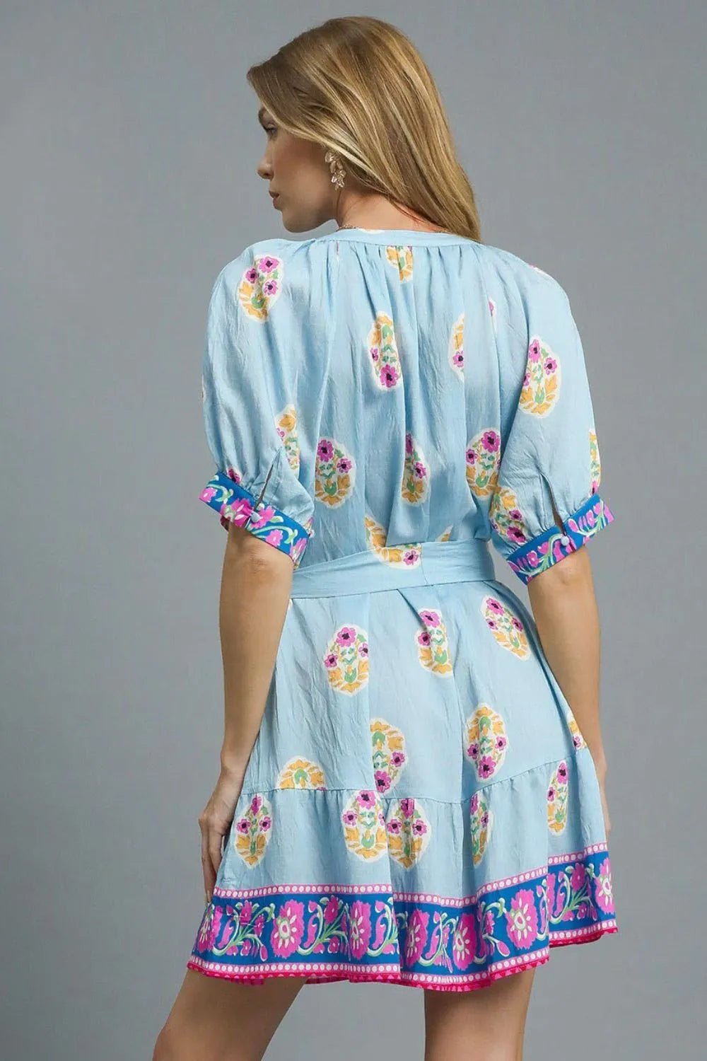 Umgee Floral Print Tie Waist Short Sleeve Dress - LoveNest Treasures