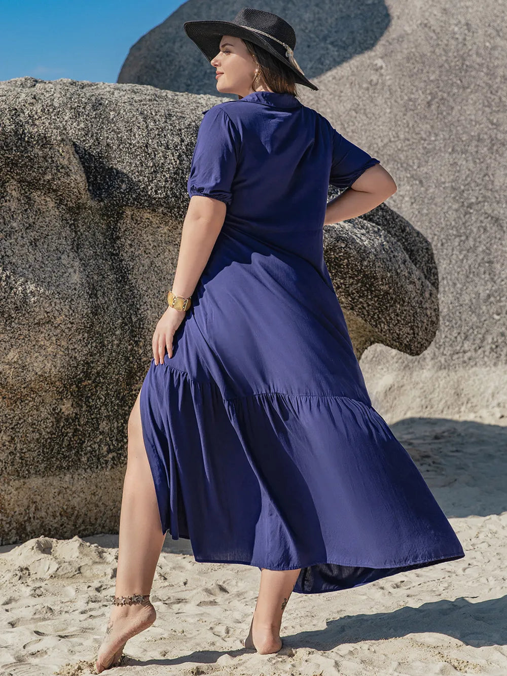 Plus Size Collared Neck Short Sleeve Midi Dress - LoveNest Treasures
