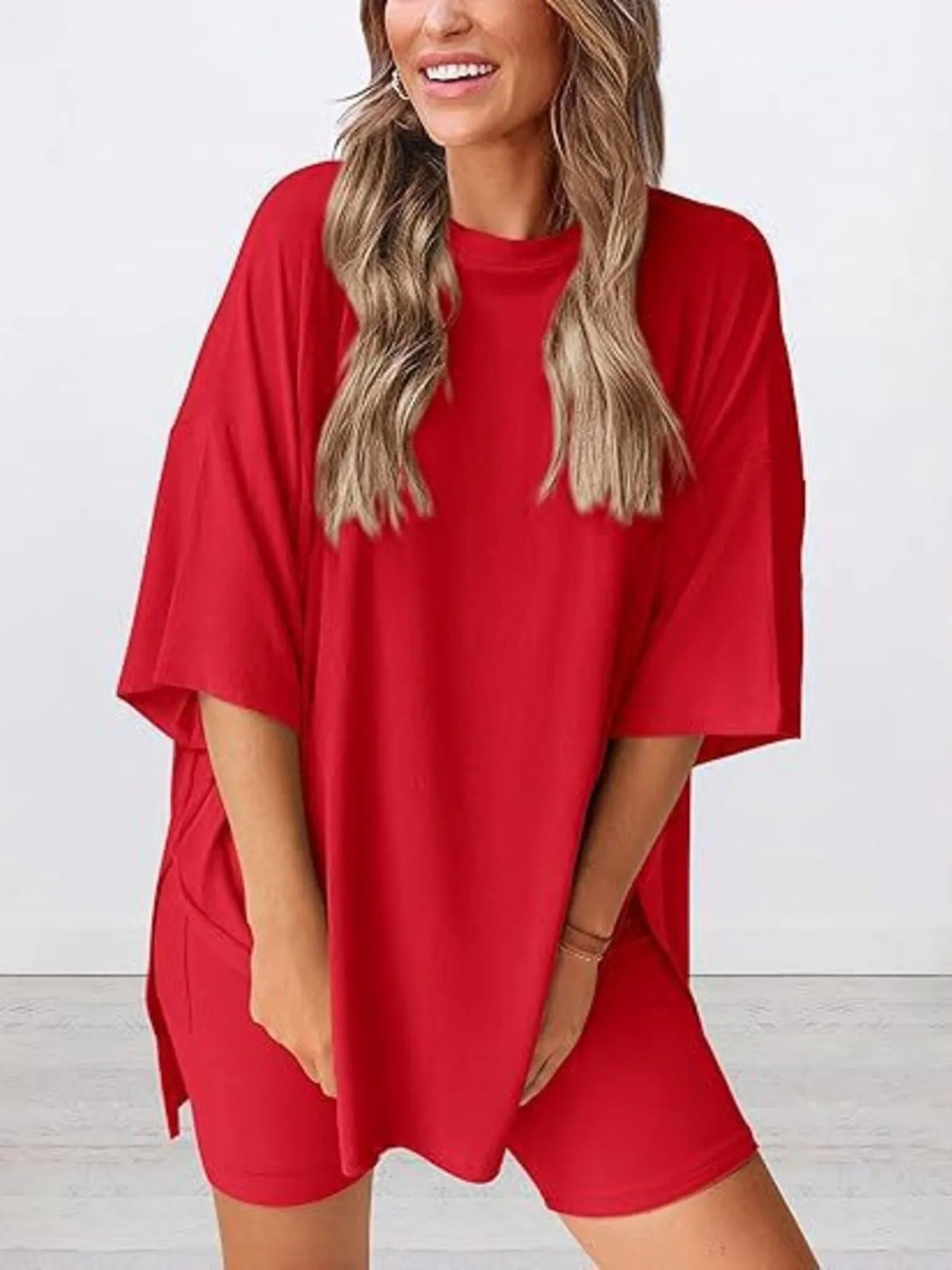 Full Size Oversized Slit Round Neck Top and Shorts Lounge Set Plus Size - LoveNest Treasures