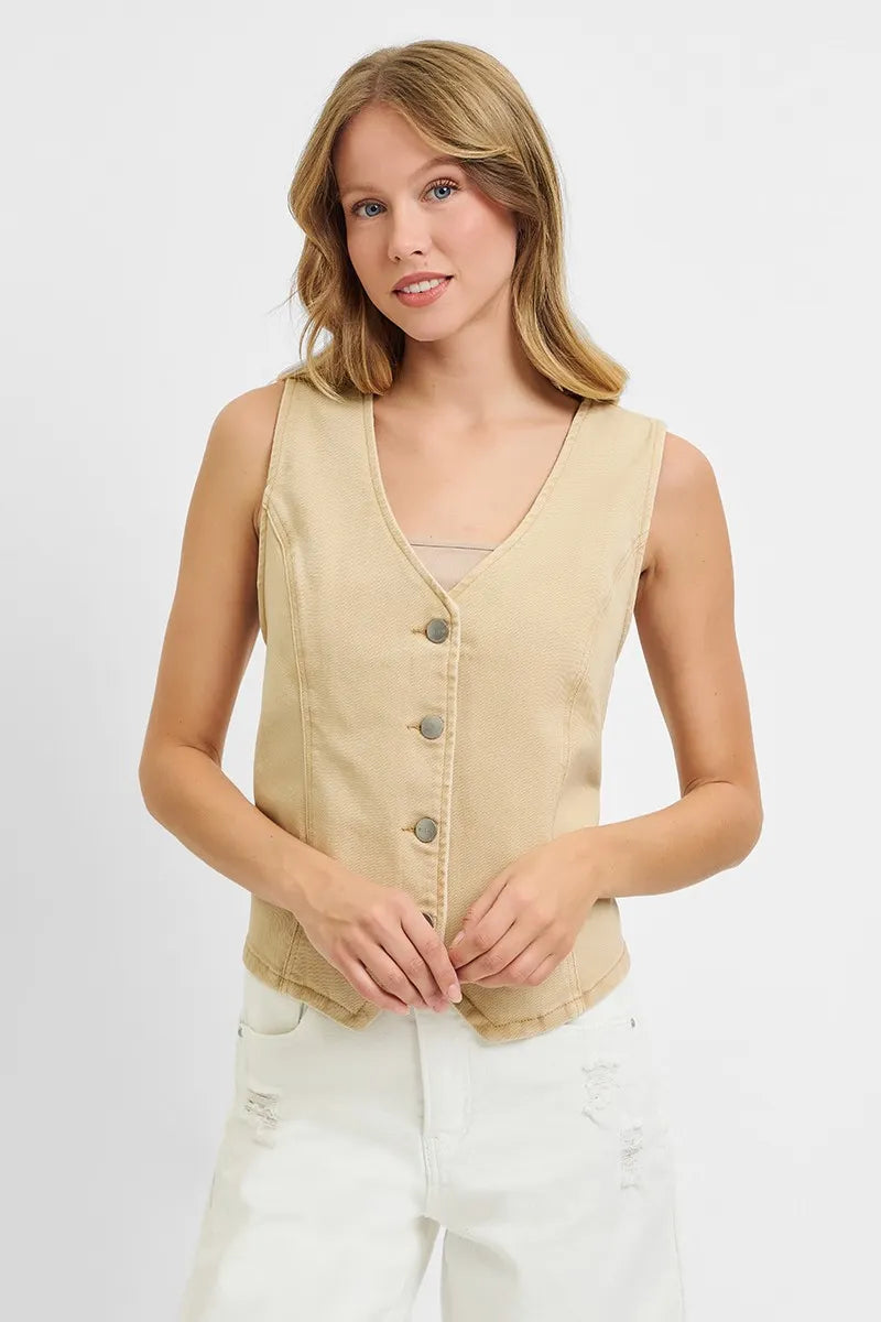 RISEN Full Size V Neck Button Down Vest Plus Size - LoveNest Treasures