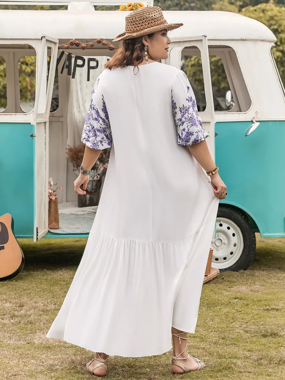 Plus Size Printed Tie Neck Half Sleeve Maxi Dress - LoveNest Treasures