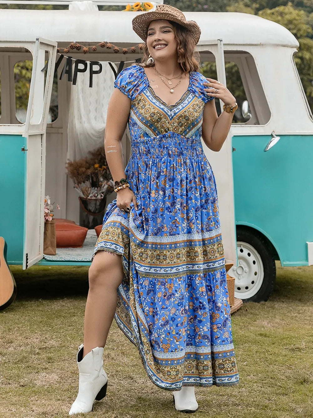 Plus Size Smocked Printed Cap Sleeve Dress - LoveNest Treasures