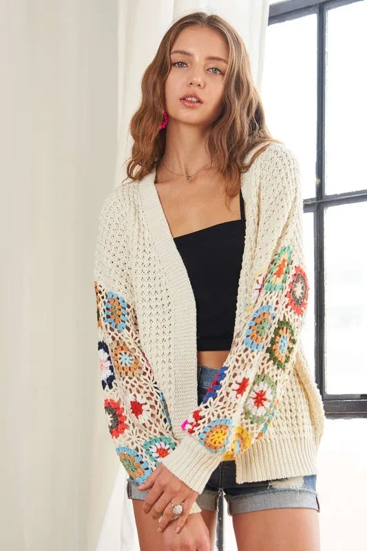 ADORA Full Size Contrast Crochet Open Front Long Sleeve Cardigan - LoveNest Treasures