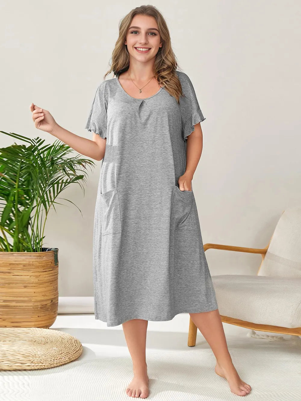 Plus Size Round Neck Short Sleeve Lounge Dress - LoveNest Treasures