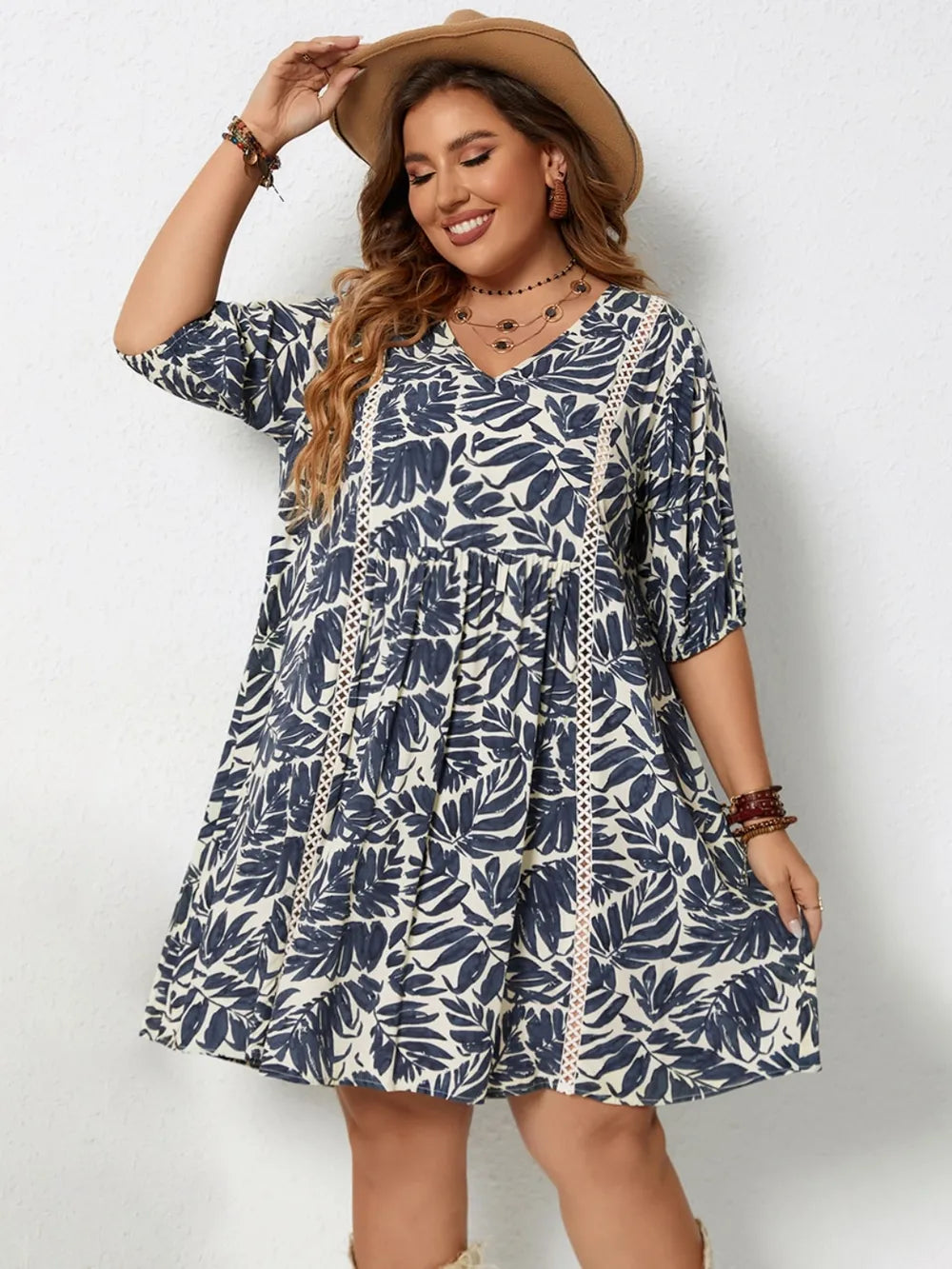 Plus Size Printed V-Neck Half Sleeve Mini Dress - LoveNest Treasures