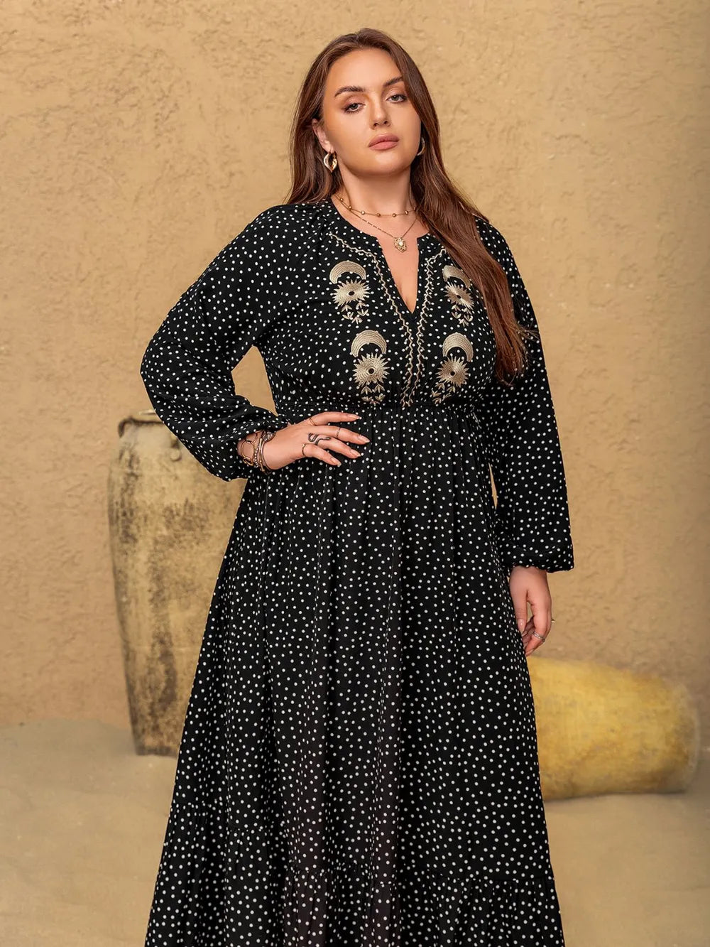 Plus Size Embroidered Polka Dot Notched Long Sleeve Dress - LoveNest Treasures