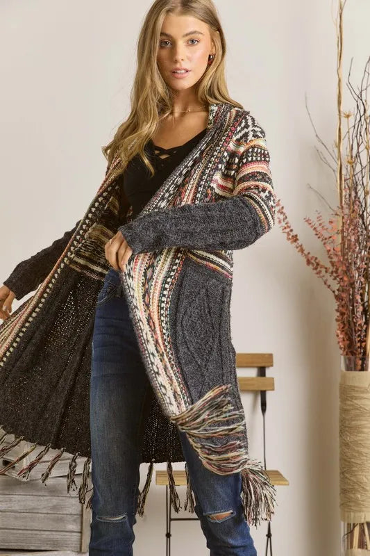 ADORA Full Size Fringe Hem Aztec Cardigan Plus Size - LoveNest Treasures