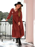 Plus Size Quarter Button V-Neck Long Sleeve Dress - LoveNest Treasures