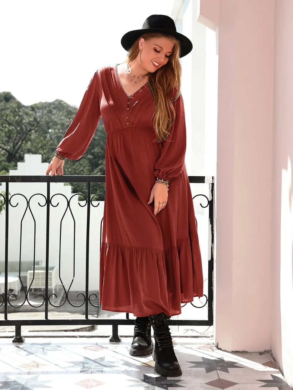 Plus Size Quarter Button V-Neck Long Sleeve Dress - LoveNest Treasures