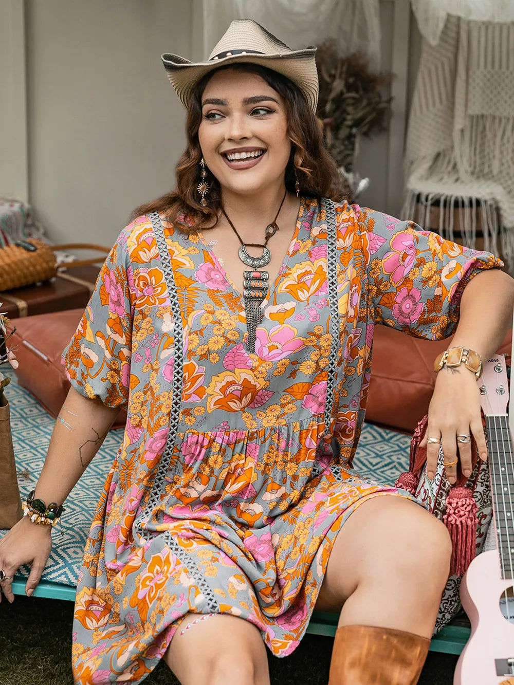 Plus Size Ruched Printed Half Sleeve Mini Dress - LoveNest Treasures
