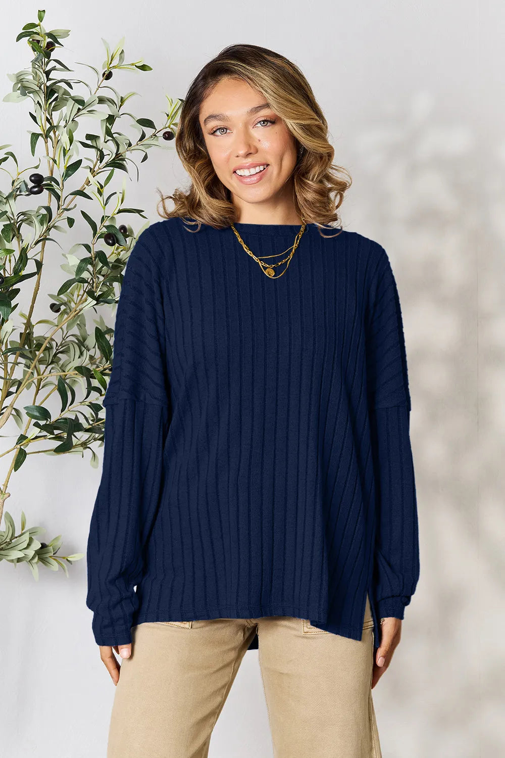 Basic Bae Full Size Ribbed Round Neck Slit Knit Top - LoveNest Treasures